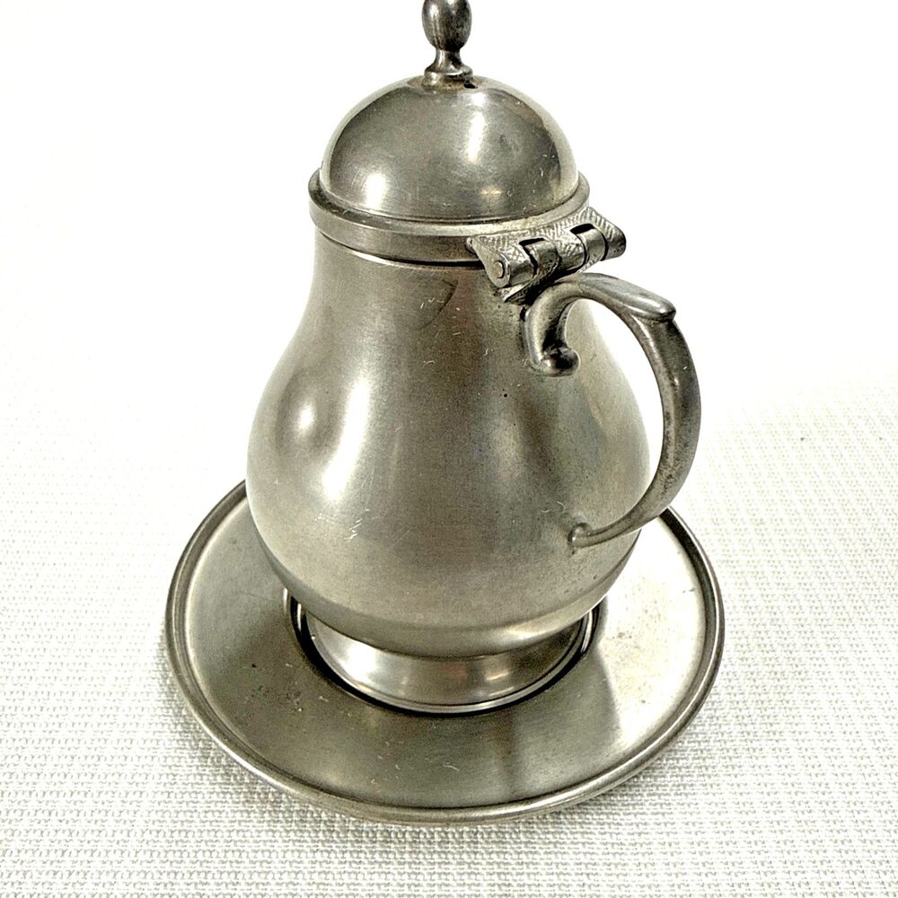 Vintage Queen Art Pewter Brooklyn NY #332 Lidded Creamer & Plate Set - Handmade